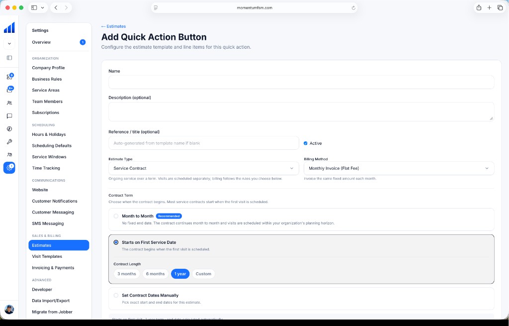 Add Quick Action Button form with service contract and billing options