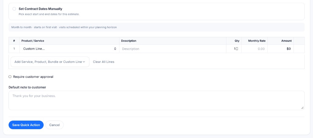 Quick Action line items, customer approval, and default note fields