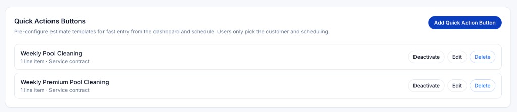 Quick Actions Buttons list in Momentum FSM estimate settings